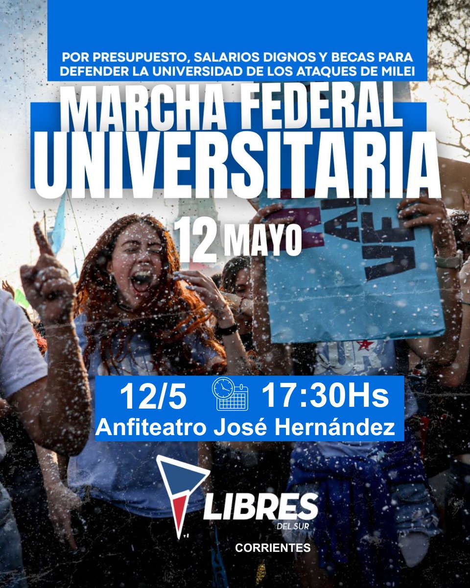 LDScorrientes's tweet photo. 📚✊ Este 12 de mayo marchamos por la universidad pública, gratuita y de calidad.

Porque defender la educación es defender el presente y el futuro de nuestro pueblo. Nos encontramos en las calles para alzar la voz, para decir que la universidad se defiende. 💪🎓

🔥🇦🇷 #MarchaUniversitaria #DefendamosLaUniversidadPública