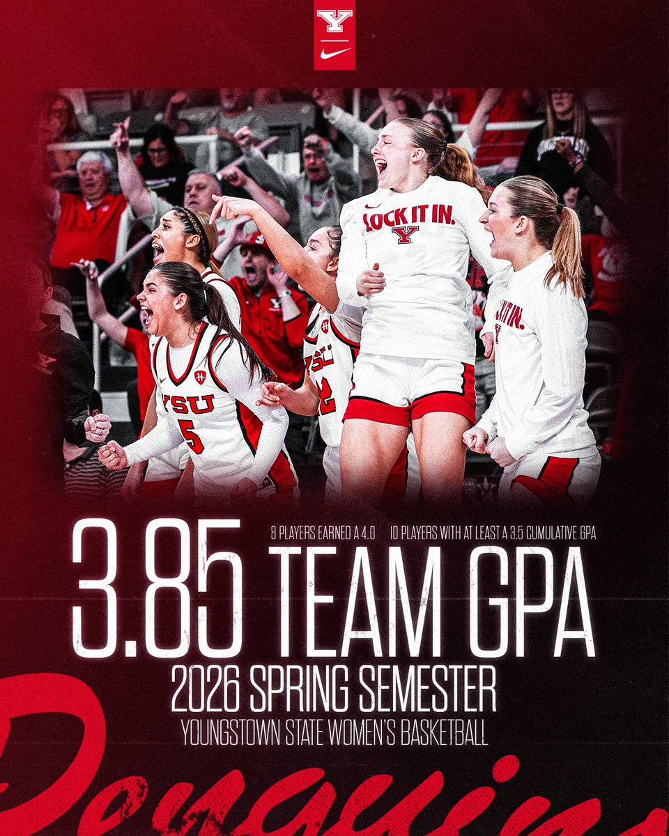 YSUWomensHoops's tweet photo. 3️⃣.8️⃣5️⃣‼️ Our program’s highest cumulative GPA ever!

So proud of our ladies for their excellence in the classroom during our record-setting season on the court.

#GoGuins #Grit https://t.co/KR967taTHN