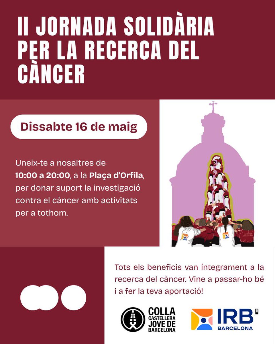jovedebarcelona's tweet photo. Aquest dissabte, ens trobem a la plaça d’Orfila organitzant la Segona Jornada Solidària per la recerca del càncer en col·laboració amb l’@IRBBarcelona!

Hi haurà activitats per a tothom, taller casteller, quina musical, rifa solidària cada hora i dinar popular! https://t.co/LohNmUkolp