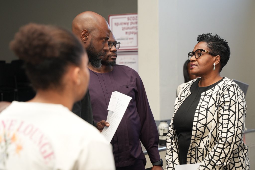 FirstLadyNam3's tweet photo. This afternoon, Ms Geingos &amp; Hon. Dr. Emma Kantema, Minister @MGECW_Namibia, joined the weekly Majita Mondays sessions at the @BeFreeYouth Campus. 

In this session, Mr @alex_gomachab, a #BeFree Ambassador, presented his research findings on the impact of absent fathers. https://t.co/kTbrvft7sM