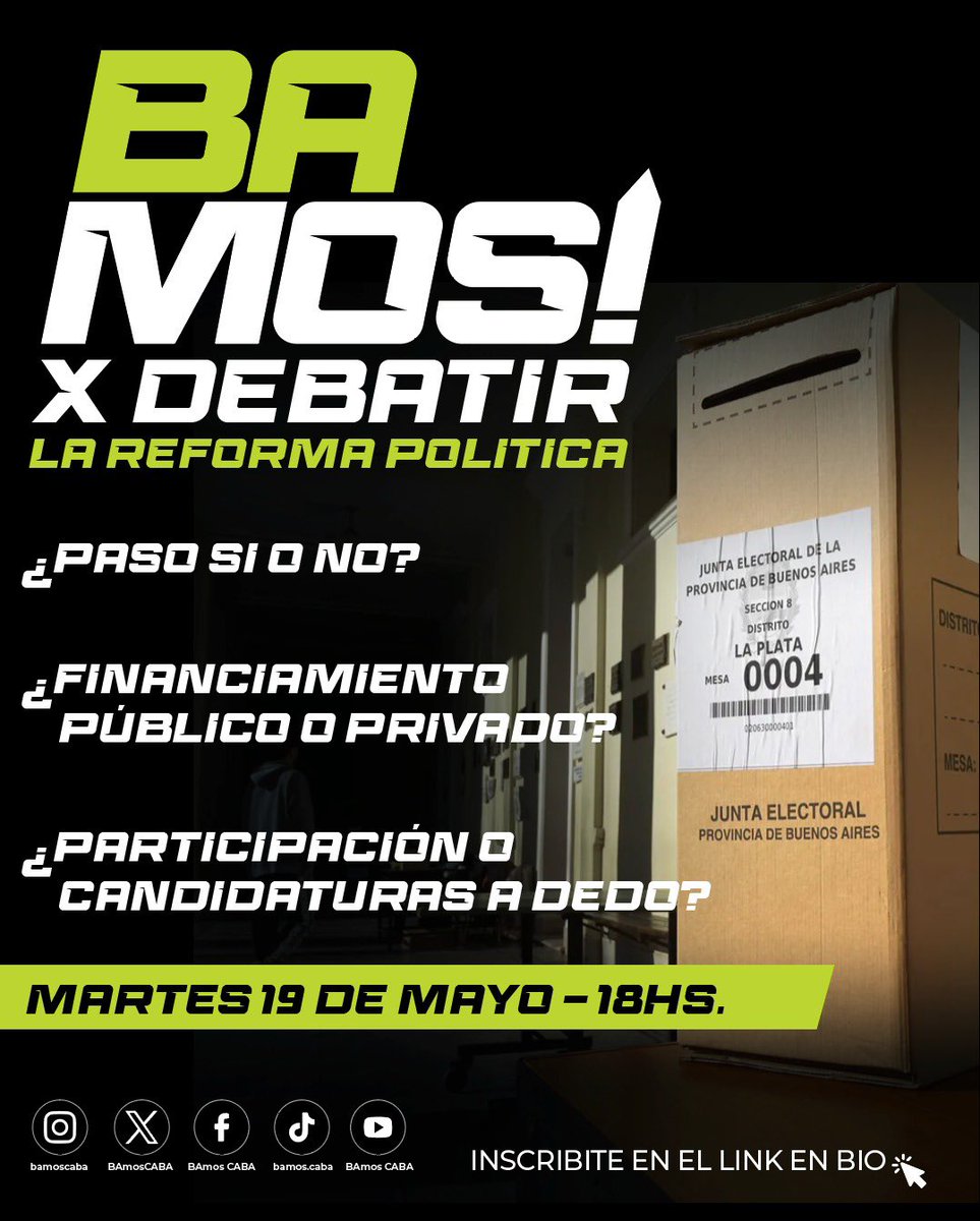 BAmosCABA's tweet photo. 🟢 BAmos! x Debatir la Reforma Política - Capítulo 1

Un espacio para debatir ideas, discutir reformas y pensar cómo mejorar la representación política junto a @CarlaCarrizoAR, @soycecigalvan y @gscherlis.

📅 Martes 19 de mayo
⌚️ 18 hs
🔗 INSCRIBITE: https://t.co/UhjcU9HzPI https://t.co/FRUCBV4A9I