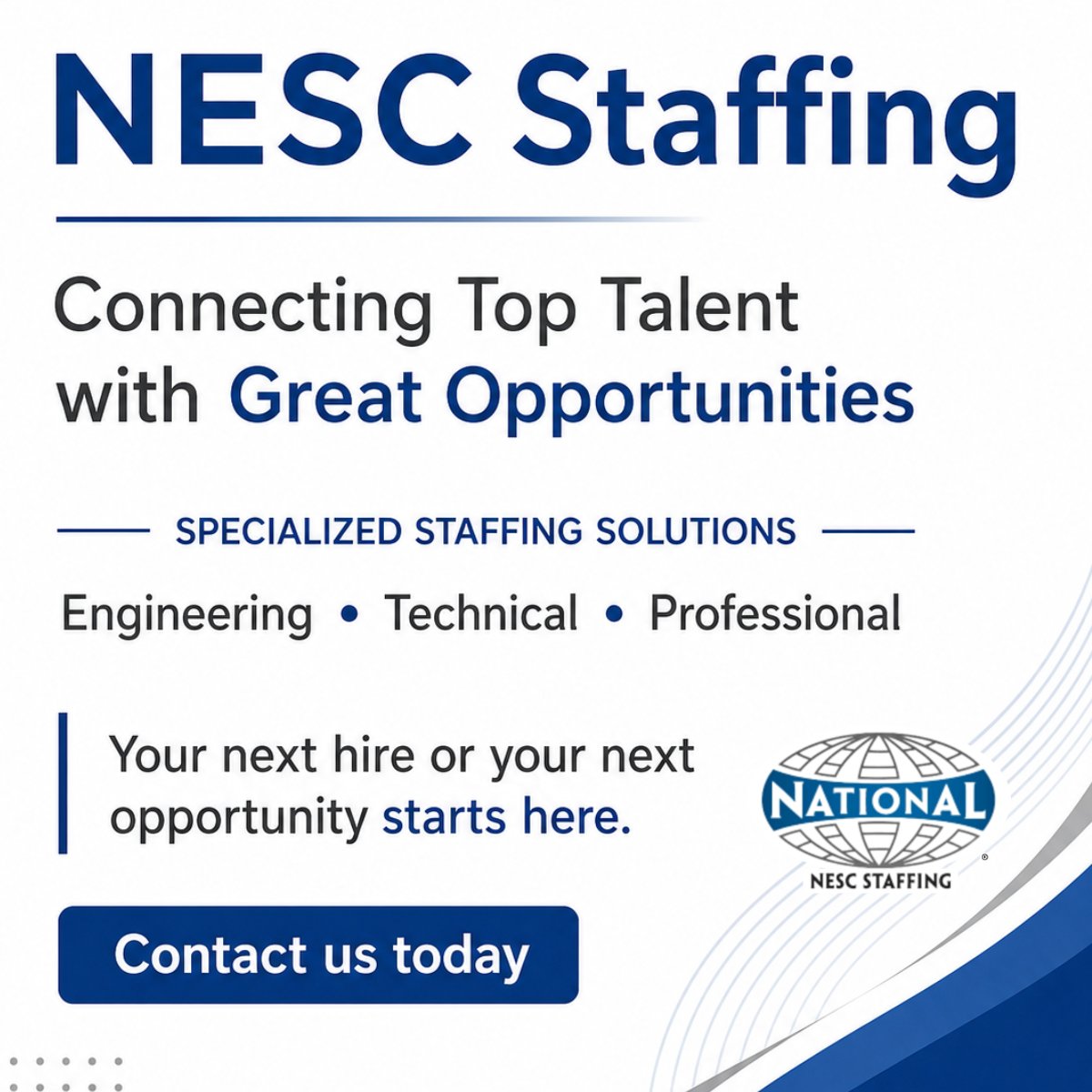 NESC_Staffing's tweet photo. The right hire can move a project forward. The right opportunity can change a career.

NESC helps connect top talent with companies looking for skilled support across engineering, technical, and professional roles.

info@nesc.com | 1-800-JOB-FIND | https://t.co/BzOYrkzrVe https://t.co/vOjXaaqa6F