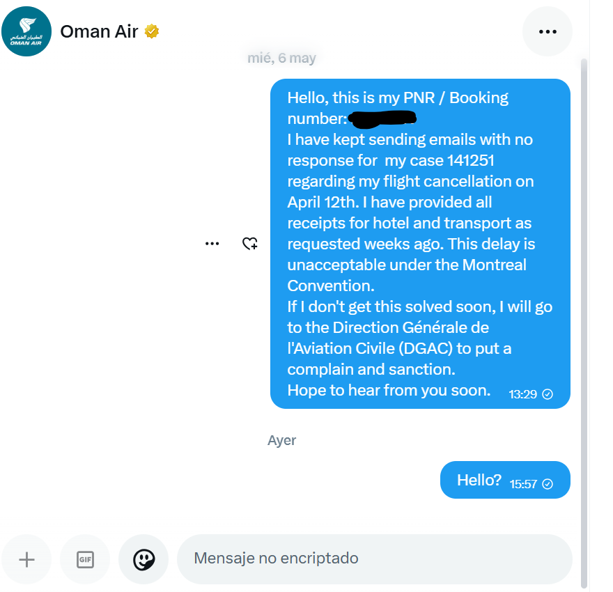 ju_ge1's tweet photo. @omanair How can I get my case solved? No answer through any source. ZERO accountability #passangerrights https://t.co/PdjilJZwzZ