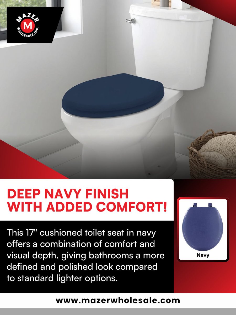 MazerWholesale's tweet photo. This 17" cushioned toilet seat in navy offers a combination of comfort and visual depth, giving bathrooms a more defined and polished look compared to standard lighter options.

https://t.co/jXhNCeeN8R

#MazerWholeSale #toiletseat #bathroomupgrade #janitorialsupplies #bulkpack https://t.co/yxx5DBsesW