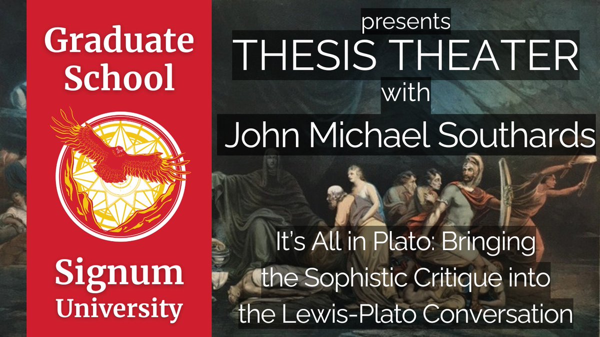 SignumU's tweet photo. Signum University Graduate School presents Thesis Theater "It’s All in Plato: Bringing the Sophistic Critique into the Lewis-Plato Conversation" by John Michael Southards, on May 13, 5p ET.

Though the scholarly conversation surrounding the relationship between C.S. Lewis and Plato is robust, it does not yet include Lewis's use of Plato’s critique of the sophists. Reading Plato and the sophists alongside Lewis’s The Last Battle, The Silver Chair, and his non-fictional work The Abolition of Man, John Southards demonstrates how Lewis takes up Plato's critique of the sophists, both echoing and building on the philosopher's ideas in his critique of modern subjectivism.

https://t.co/O9Q4PJFP3G