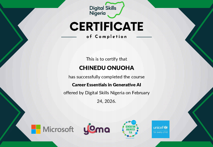 chiefned1's tweet photo. Career Essentials in Generative AI💯
Thank you @Digitalskillsnigeria #genai #tech #career https://t.co/IbBCagNU3B
