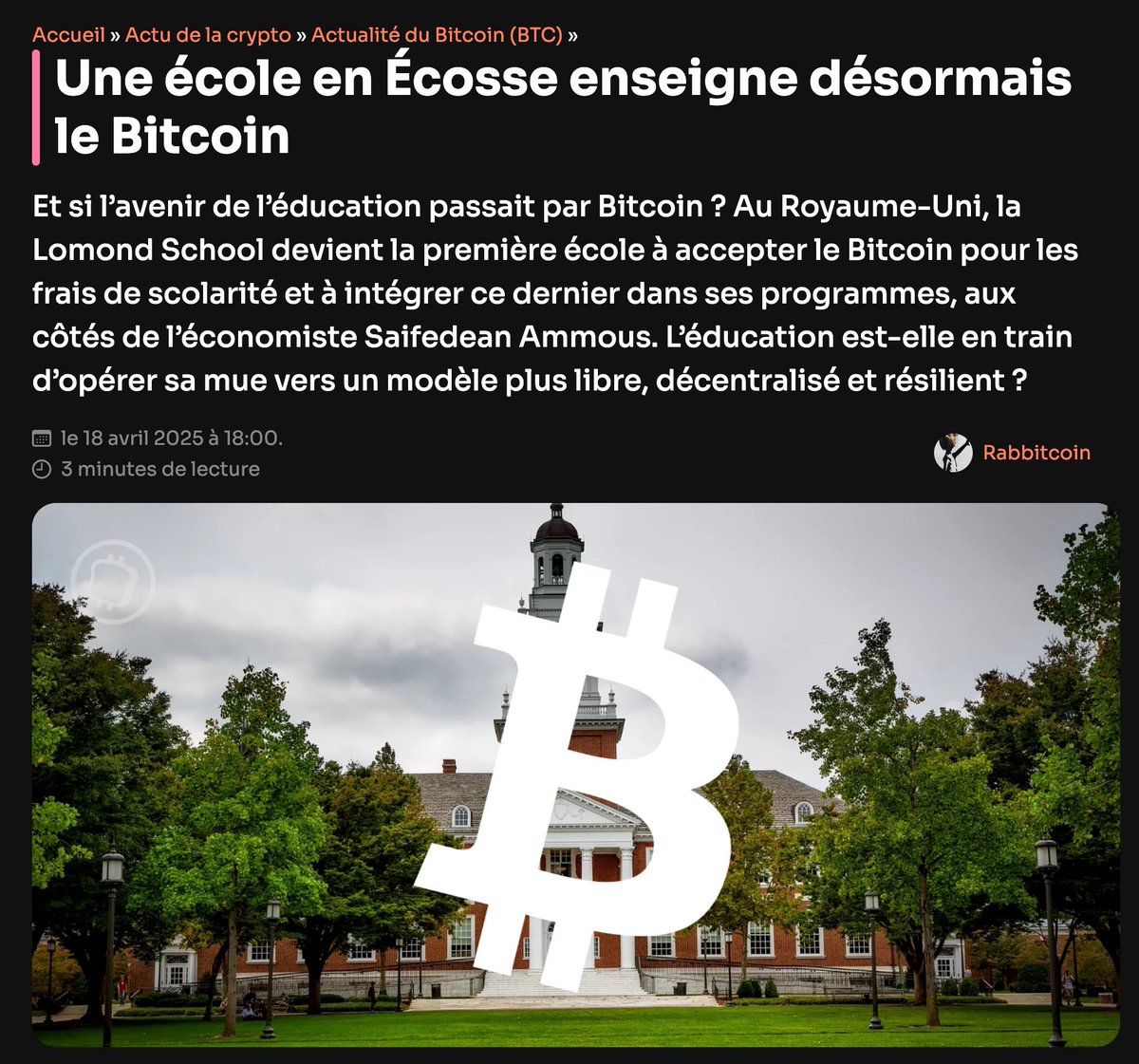 StackinSat_FR's tweet photo. Après le Salvador, maintenant c’est une école écossaise qui commence à enseigner le Bitcoin.

Quasiment personne n’en parle, et 99% des gens ne sont pas au courant…

Mais la grande transition vers Bitcoin a déjà commencé, et elle est inarretable ! https://t.co/uBUcKSYghw
