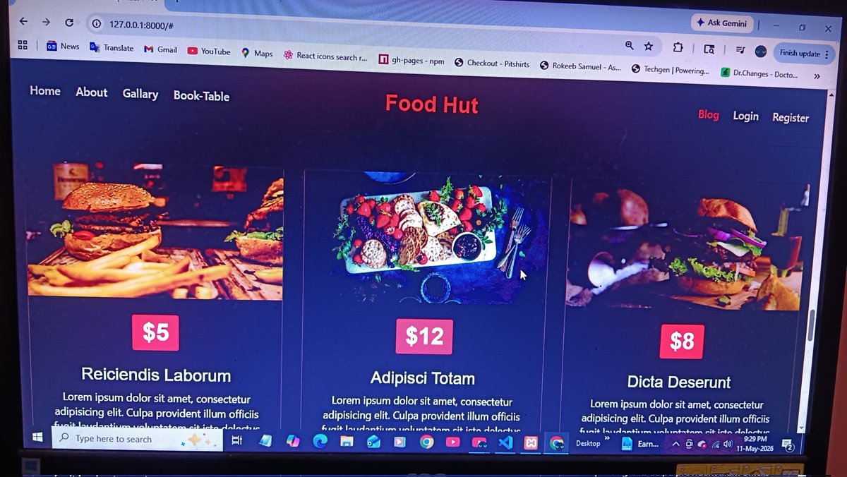 MdSahil_Islam's tweet photo. Day - 3 of the PHP  Laravel demo project (Restaurant Management system) 🧑‍💻

>Added the user site in the front end part(with home, about, gallery,blog, login &amp; logout section)✅

#BackendDevelopement #Php https://t.co/crXAUfe5UA