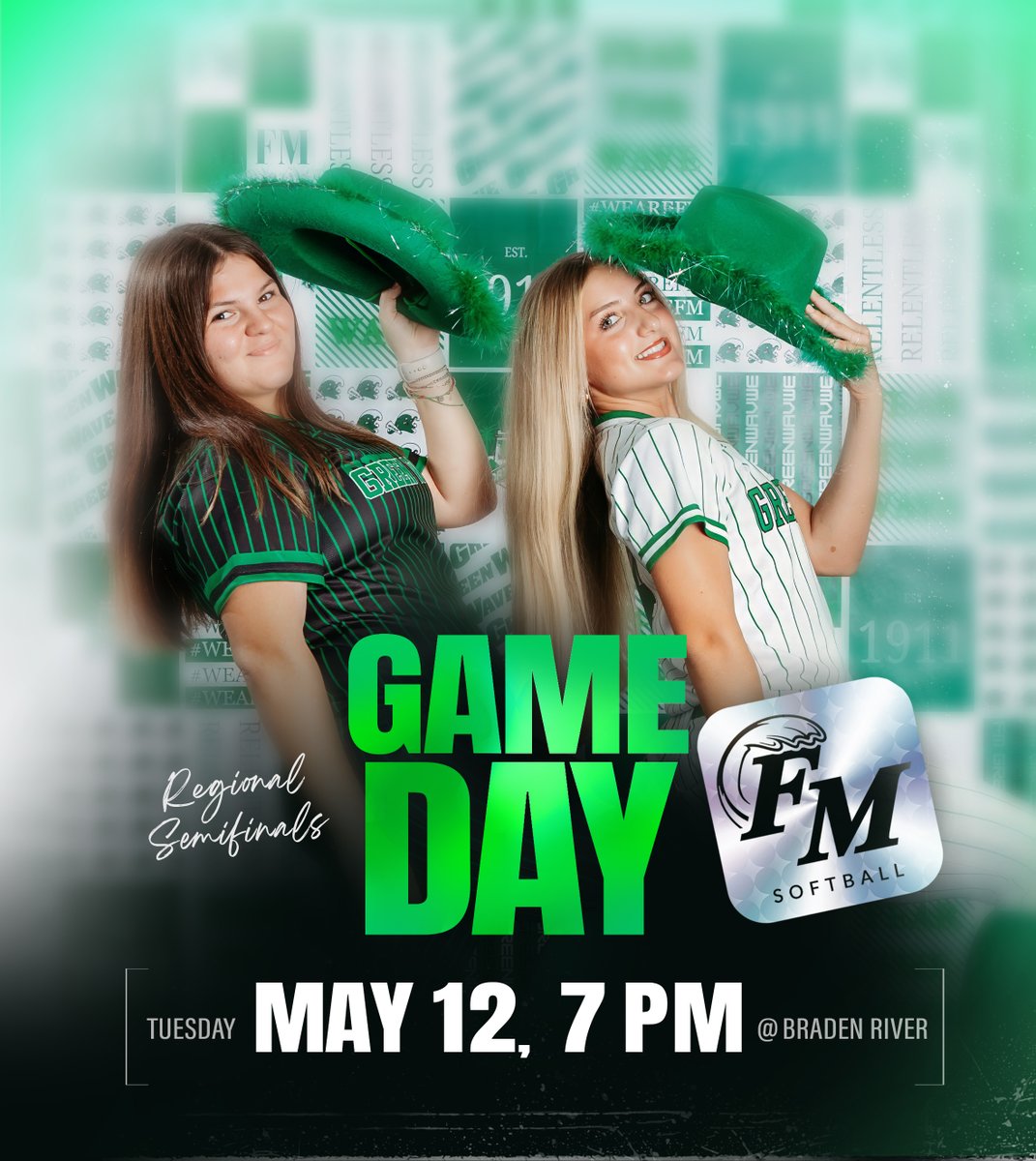 FMHS_Softball's tweet photo. GAME DAY TOMORROW! Regional Semifinals Tuesday, May 12, 7pm at Braden River. Let's go #greenies !!! 💚 @FMHSAthletics @FMHS_Boosters #greenwave #classof2026 FHSAA Softball, 5A State Championship Bracket 👉https://t.co/kIXSNHjfxR https://t.co/U4cBPhpfph