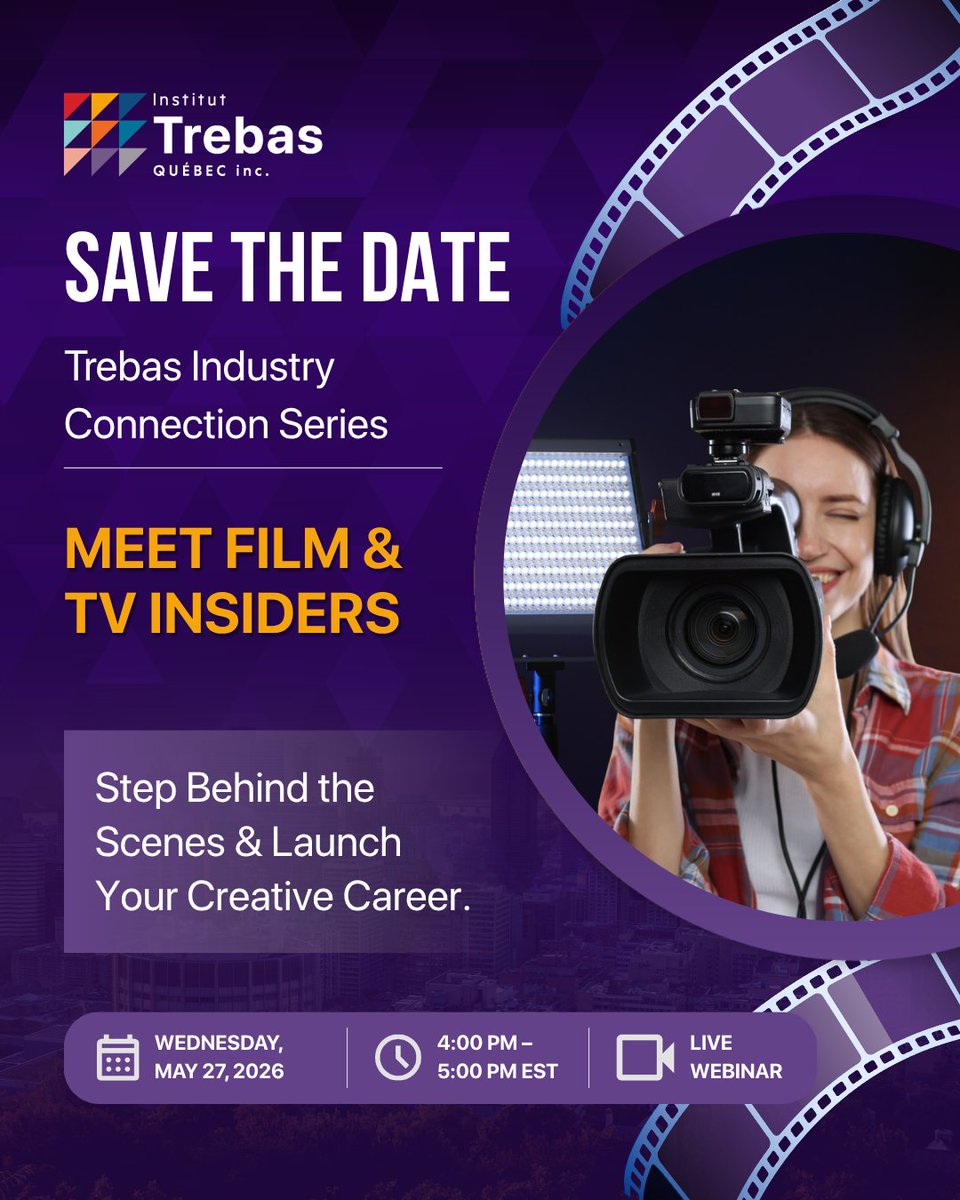 InstitutTrebas's tweet photo. 🎬 Entrez dans l’univers du cinéma et de la télévision — là où la créativité rencontre les opportunités.

Si vous vous êtes déjà imaginé créer des films, travailler derrière la caméra ou faire partie de l’industrie du divertissement — c’est votre moment. 🚀

L’Institut Trebas Québec Inc. vous invite à un webinaire exclusif en direct pour découvrir le programme NWY.1F : Production cinématographique et télévisuelle et les opportunités qu’il peut vous offrir dans l’industrie du divertissement au Canada.

Découvrez comment ce programme pratique peut vous aider à développer des compétences concrètes en production, tournage, postproduction et création de contenu audiovisuel. 🎥

📅 Date : mercredi 27 mai 2026
⏰ Heure : 16 h 00 – 17 h 00 (HNE)
💻 Lieu : en direct sur Zoom

👉 Notez la date et restez à l’affût pour les détails d’inscription.
---
🎬 Step into the world of film and television—where creativity meets opportunity.

If you’ve ever imagined creating films, working behind the camera, or being part of the entertainment industry—this is your moment. 🚀

Trebas Institute Quebec Inc. invites you to an exclusive live webinar to discover the NWY.1F: Film and Television Production program and the exciting opportunities it can unlock within Canada’s entertainment industry.

Learn how this hands-on program can help you build practical skills in production, filming, post-production, and visual storytelling. 🎥

📅 Date: Wednesday, May 27, 2026
⏰ Time: 4:00 PM – 5:00 PM EST
💻 Location: Live on Zoom

👉 Save the date and stay tuned for registration details.

#InstitutTrebasQuébec #ProductionCinématographique #Cinéma #Télévision #FormationCréative #IndustrieAudiovisuelle #ÉtudierAuCanada #FilmProduction #TelevisionProduction #CreativeCareers #StudyInCanada #Montreal