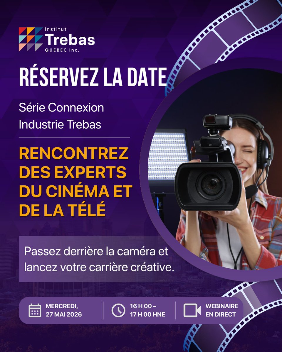 InstitutTrebas's tweet photo. 🎬 Entrez dans l’univers du cinéma et de la télévision — là où la créativité rencontre les opportunités.

Si vous vous êtes déjà imaginé créer des films, travailler derrière la caméra ou faire partie de l’industrie du divertissement — c’est votre moment. 🚀

L’Institut Trebas Québec Inc. vous invite à un webinaire exclusif en direct pour découvrir le programme NWY.1F : Production cinématographique et télévisuelle et les opportunités qu’il peut vous offrir dans l’industrie du divertissement au Canada.

Découvrez comment ce programme pratique peut vous aider à développer des compétences concrètes en production, tournage, postproduction et création de contenu audiovisuel. 🎥

📅 Date : mercredi 27 mai 2026
⏰ Heure : 16 h 00 – 17 h 00 (HNE)
💻 Lieu : en direct sur Zoom

👉 Notez la date et restez à l’affût pour les détails d’inscription.
---
🎬 Step into the world of film and television—where creativity meets opportunity.

If you’ve ever imagined creating films, working behind the camera, or being part of the entertainment industry—this is your moment. 🚀

Trebas Institute Quebec Inc. invites you to an exclusive live webinar to discover the NWY.1F: Film and Television Production program and the exciting opportunities it can unlock within Canada’s entertainment industry.

Learn how this hands-on program can help you build practical skills in production, filming, post-production, and visual storytelling. 🎥

📅 Date: Wednesday, May 27, 2026
⏰ Time: 4:00 PM – 5:00 PM EST
💻 Location: Live on Zoom

👉 Save the date and stay tuned for registration details.

#InstitutTrebasQuébec #ProductionCinématographique #Cinéma #Télévision #FormationCréative #IndustrieAudiovisuelle #ÉtudierAuCanada #FilmProduction #TelevisionProduction #CreativeCareers #StudyInCanada #Montreal