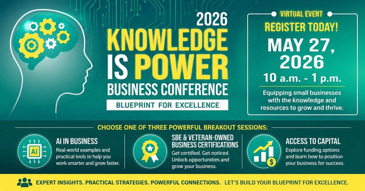DALLASISDSBO's tweet photo. Ready to grow your business?

Join us for the Knowledge is Power Virtual Business Conference on May 27, 2026 and gain real strategies you can use immediately. https://t.co/QBzSOwY8SX

✔ AI in Business
✔ Certifications &amp; Contracting Opportunities
✔ Access to Capital https://t.co/BSC6yPWOEy