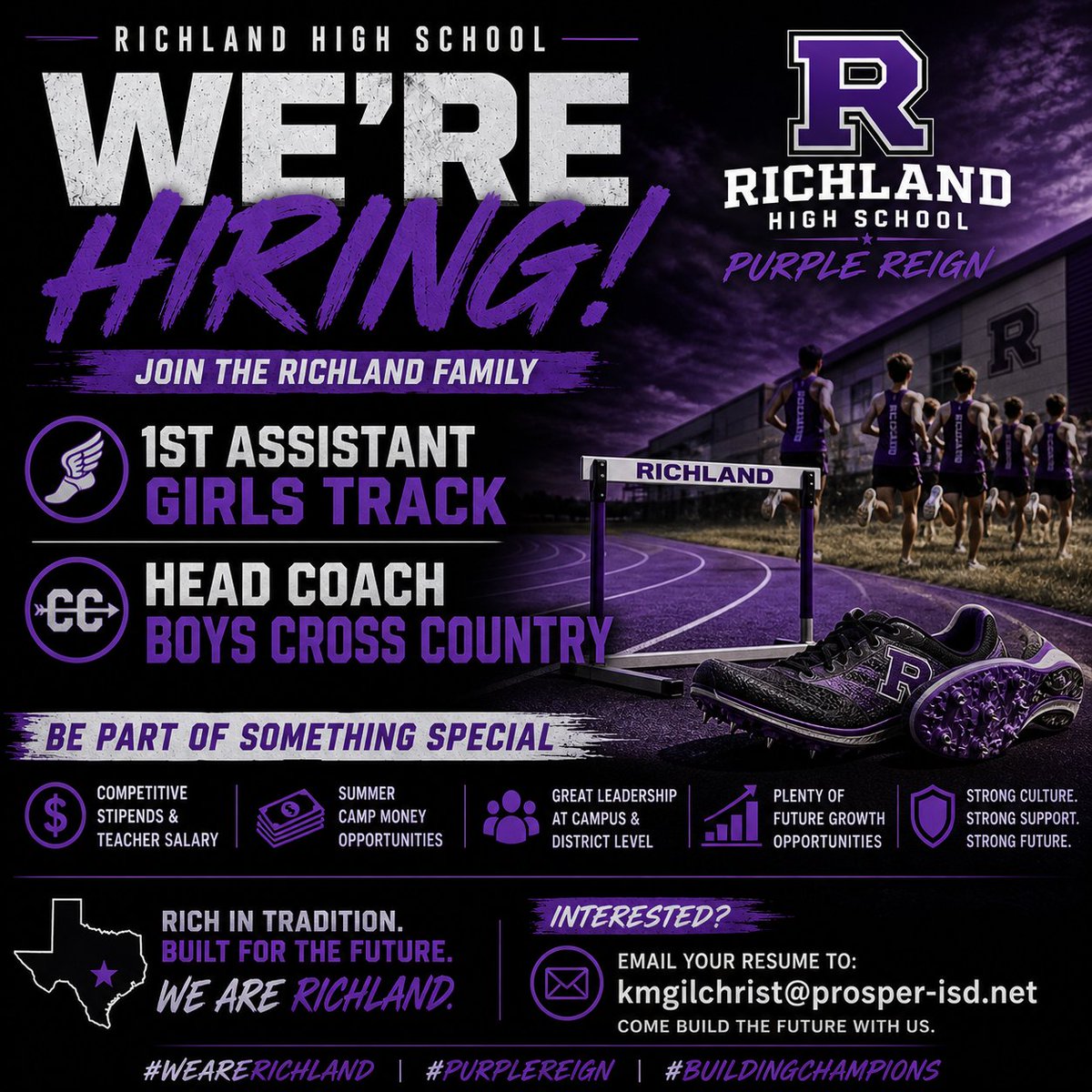 Richland_Ath's tweet photo. 🚨 Richland High School is Hiring 🚨
Opening for:
🏃‍♀️ 1st Assistant Girls Track
🏃 Head Boys Cross Country
Amazing leadership, strong culture, competitive stipends, summer camp opportunities, and huge room for growth.
📧 kmgilchrist@prosper-isd.net @lutecroy 
#WeAreRichland #PurpleReign