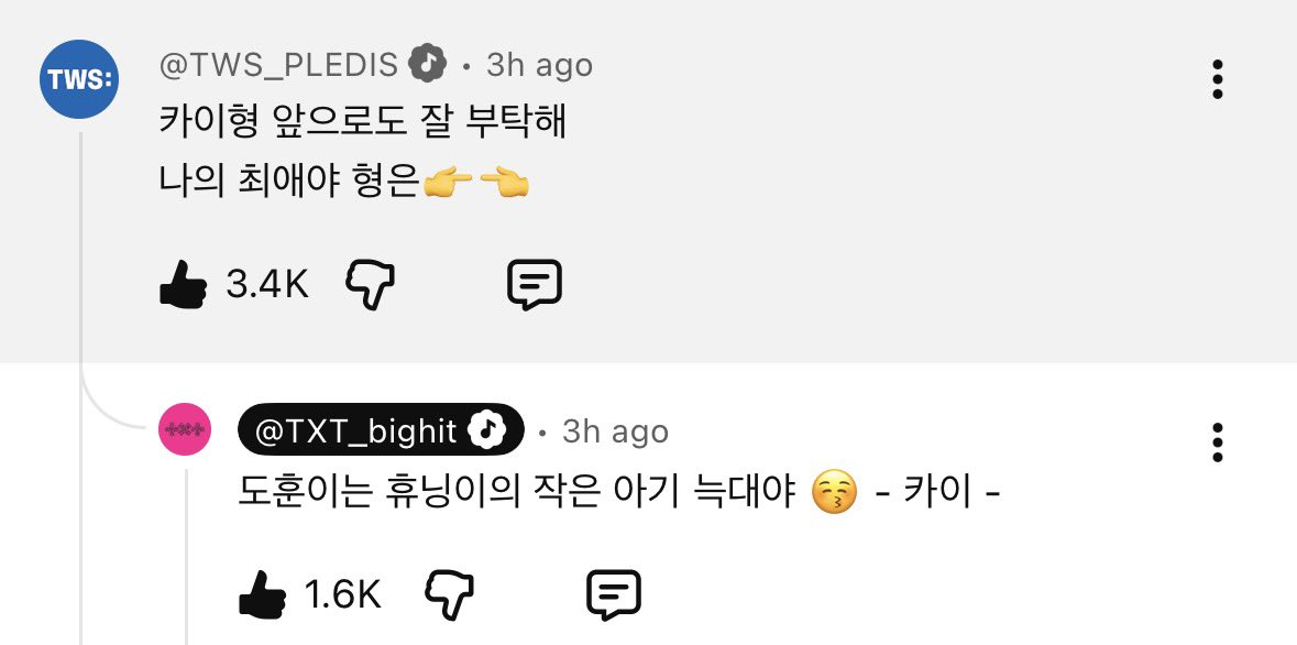 [INFO] 260511

TWS #DOHOON YouTube Comment

🐺 : Kai hyung, please take good care of me in the future too
my favourite is hyung👉👈​​​​​​​​​​​​​​​​
🐧 : Dohoon is Huening’s little baby wolf 😚  - Kai -

#도훈 #TWS #투어스 #247WithUs <a href="/TWS_PLEDIS/">TWS</a>