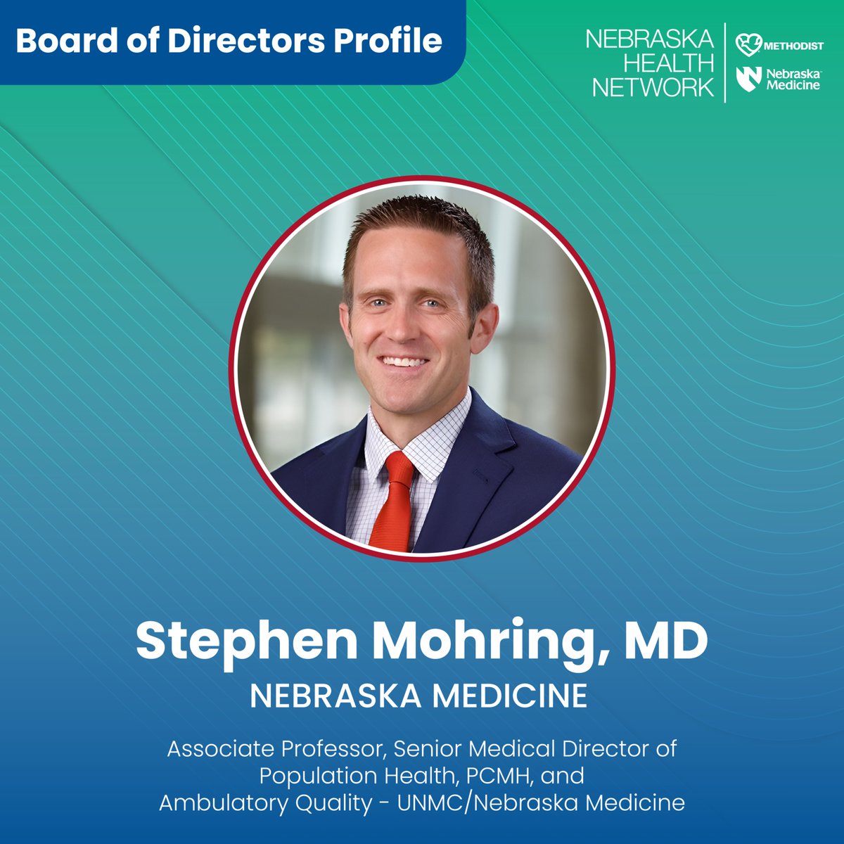 ACONHN's tweet photo. Board Member Spotlight: Stephen Mohring, MD
Dr. Mohring is an internal medicine physician, educator and leader at UNMC and Nebraska Medicine. Along with serving on the NHN Board, he leads our Provider Champion program and received NHN’s 2022 Innovator of the Year Award. https://t.co/Goq7tSCcWV