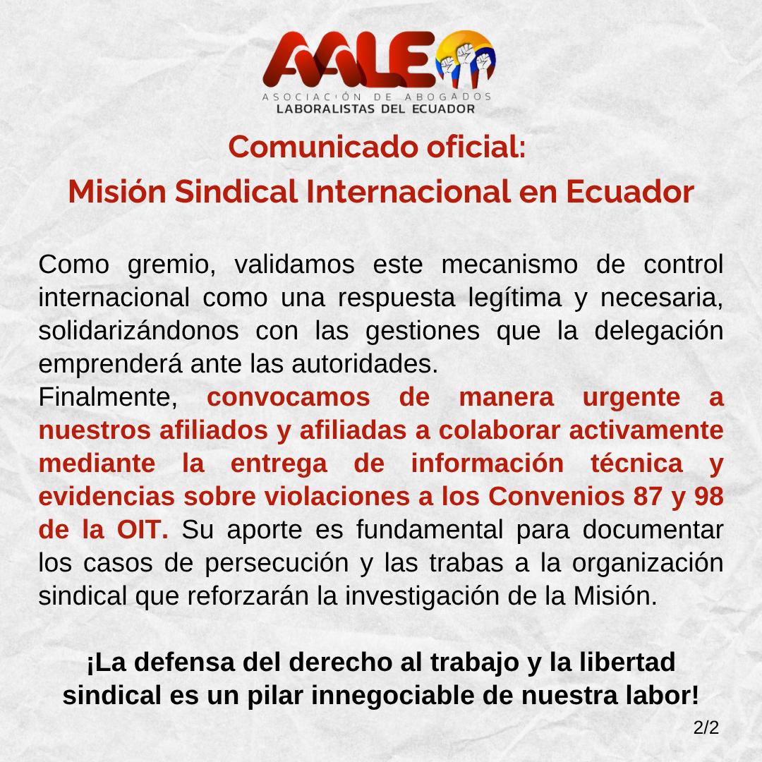 AALEEcuador's tweet photo. 📣 Misión Sindical Internacional en Ecuador ✊🏽

Exhortamos públicamente a @haburbano a reunirse con la Misión que se encuentra en el país verificando el deterioro de los derechos humanos laborales. 

Ecuador sigue siendo uno de los peores países para trabajar en el mundo. https://t.co/KTAM1pnqIp