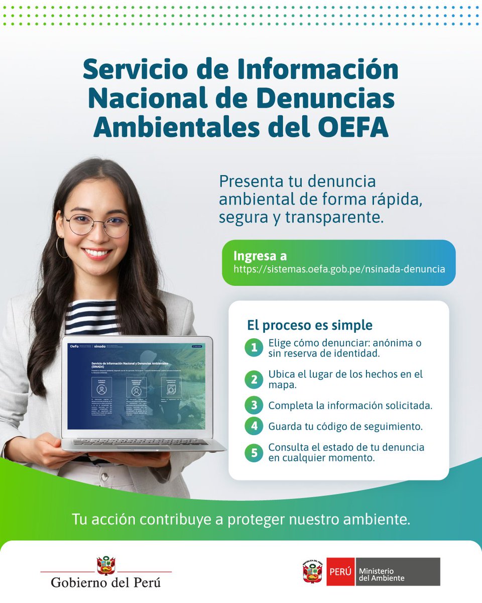MinamPeru's tweet photo. 📢 Conoce el paso a paso para realizar tu denuncia ambiental en la plataforma del Servicio de Información Nacional y Denuncias Ambientales (#Sinada) del @OEFAperu. 🔍🌱
📲 Ingresa ➡️ https://t.co/UcafMo2F1R https://t.co/4ZChPUtRWF