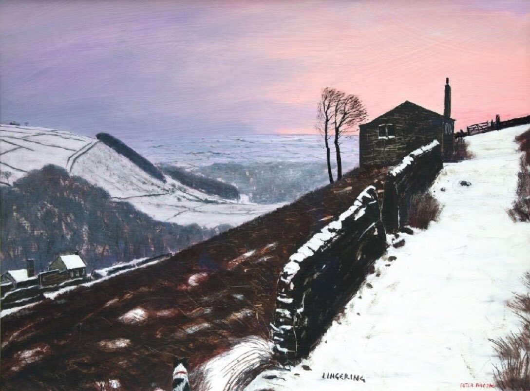PennineThe's tweet photo. The moors above Crimsworth Dean near Hebden Bridge provided the inspiration for many of Peter Brook’s paintings. Best known is probably ‘Lingering’, in which Peter in the distance next to the gate is so entranced by the spectacular panorama that he has become separated from Shep. https://t.co/NIbABXVAWE