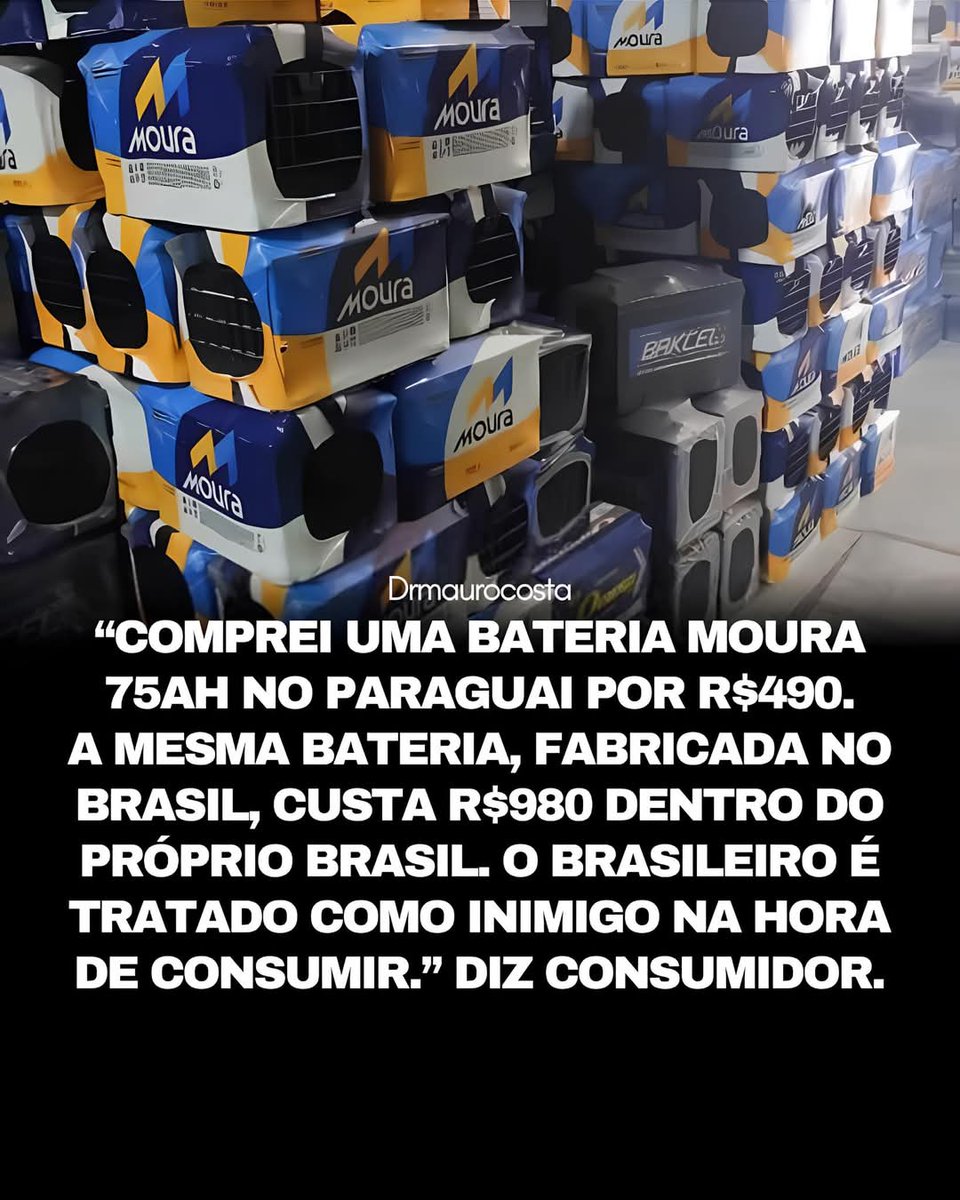 Um consumidor chamou atenção ao comparar o preço de uma bateria automotiva comprada no Paraguai com o valor cobrado pelo mesmo produto no Brasil. Segundo o relato, uma bateria de 75 Ah foi adquirida por 490 reais no país vizinho, enquanto o mesmo modelo, fabricado em território