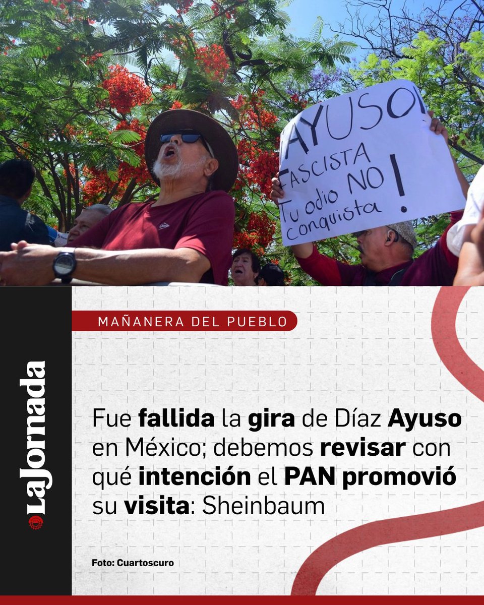 #MañaneraDelPueblo | La presidenta Claudia Sheinbaum calificó como "fallida" la visita a México de la presidenta de la Comunidad de Madrid, Isabel Díaz Ayuso, y cuestionó la intención del Partido Acción Nacional (PAN) al promover su presencia para reivindicar la figura de Hernán