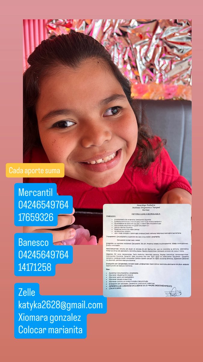 mariani87784922's tweet photo. Desde mi alma requiero ayuda  lamentablemente no tengo los recursos para :
✅Trileptal susp diario d por vida
✅Decapeptyl 450$ faltan 370
✅operación de ojos 3000$
✅Terapias de rehabilitación 60$
 Cada aporte suma DIOS LES PAGUE

  https://t.co/TT0TD1uKpD https://t.co/4FAFACX5Mo