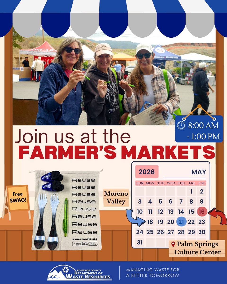RCWaste's tweet photo. Join us at the Farmer’s Markets in Palm Springs and Moreno Valley! 🥕🌽 We can’t wait to see you there!

📅 Saturday, May 16
📅 Thursday, May 21
🕒 8:00 AM - 1:00 PM

For more farmers market hours, please visit: https://t.co/0ERuHlgkiv

#RCWaste #FarmersMarket #RiversideCounty https://t.co/9QYc08ZLp8