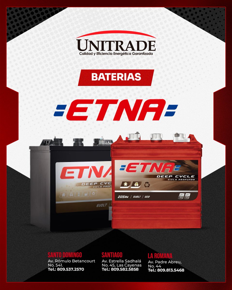 unitraderd's tweet photo. En Unitrade trabajamos con la calidad de ETNA para garantizarte rendimiento, durabilidad y energía confiable cuando más la necesitas.

¿Listo para no quedarte sin energía?

#Baterías #EnergíaConfiable #ETNA #Unitrade #SolucionesEnergéticas https://t.co/ONIi3Iys3J