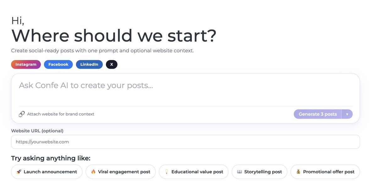 buildwithRavi's tweet photo. Most people don’t struggle with content.

They struggle with starting.

1/ Open ChatGPT.
2/ Write prompt.
3/ Rewrite output.
4/ Change tone.
5/ Format for each platform.

Repeat tomorrow.

That’s the real bottleneck.
So we’re building @Confe_io  differently.

You type one idea.

Confe turns it into platform-ready posts for X, LinkedIn, Instagram, and Facebook, with your website context already understood.

Less time formatting.

More time distributing.

Because consistency is usually a workflow problem, not a creativity problem.