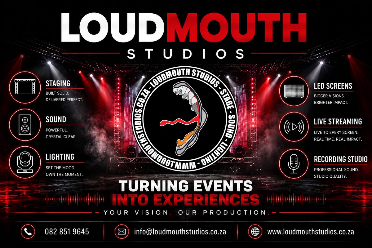 LoudmouthAudio's tweet photo. TURNING EVENTS INTO EXPERIENCES 🚨

Looking for professional staging, sound, lighting, LED big screens, live streaming or recording studio services in Klerksdorp and surrounding areas?

✅ Staging
✅ Sound
✅ Event Lighting
✅ LED Big Screens
✅ Multi-Camera Live Streaming https://t.co/5VlgHtjqxT