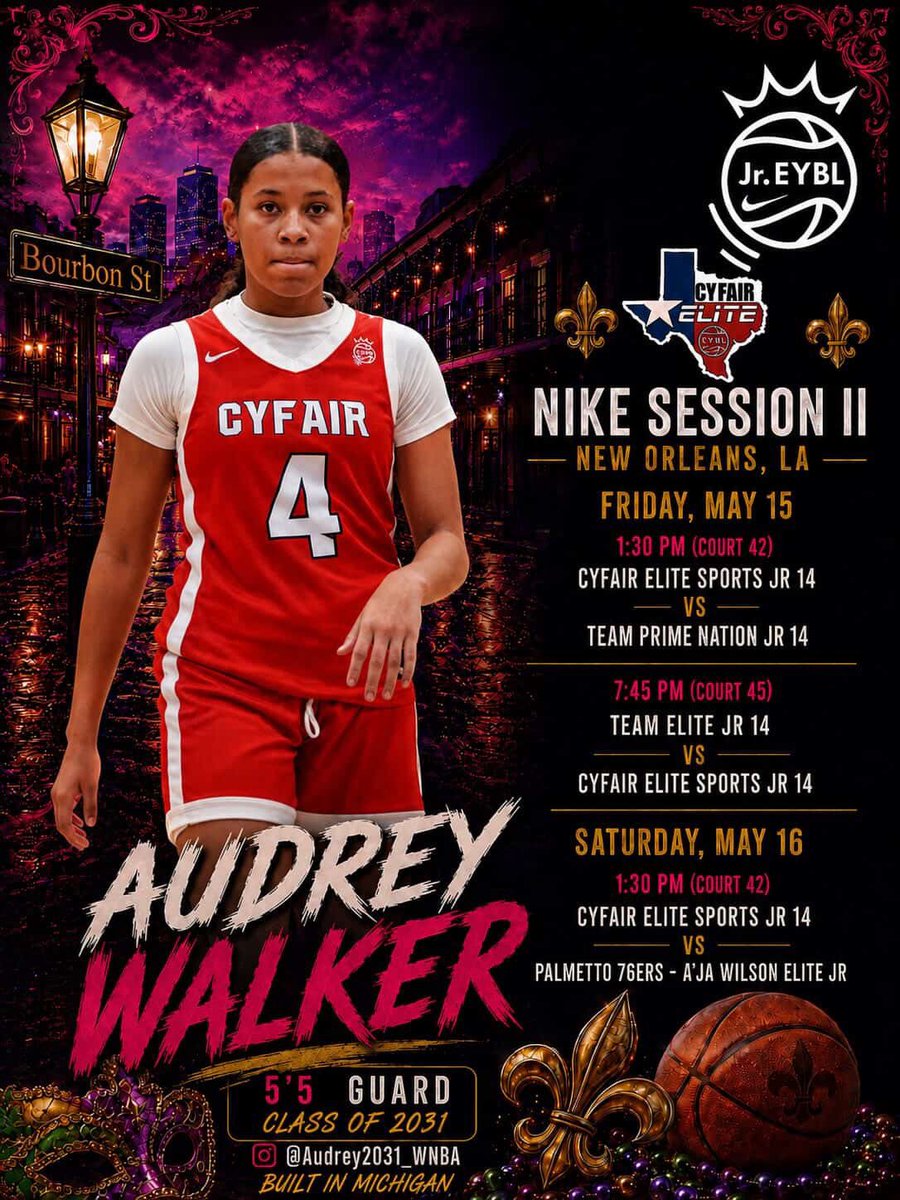 Audrey2031_WNBA's tweet photo. Next up #NOLA⚜️ @NikeGirlsEYBL #Session2‼️

#JrEYBL #CyFairElite #OfficeWORK✔️ https://t.co/0dCHizmmff