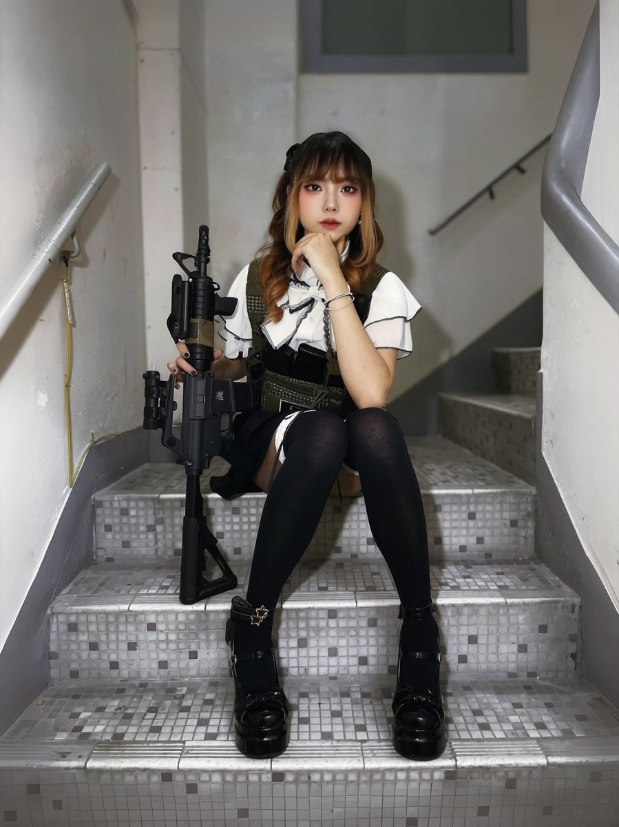 uncle_fury's tweet photo. 「量產型女子」(りょうさんがたじょし/Ryōsangata Girl) Yumi Yang with modernised T8/CGS GAU-5A Airsoft 
in The Grey Room’s rear stairwell….
Photo by @uncle_fury 
#量產型女子 #りょうさんがたじょし #Ryōsangata #modernised #T8 #CGS #GAU_5A #Airsoft 
#TheGreyRoom https://t.co/cnQkzaSjGv