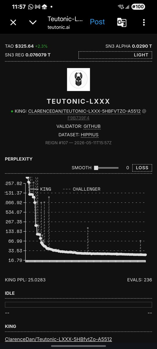 bittingthembits's tweet photo. 🚨 $TAO two words this morning: 

Training 80.

SN3 Teutonic-LXXX is live.
LXXX is 80 in Roman numerals. 

This is the largest decentralized AI training run in history. 

An 80B parameter model is being trained competitively, on-chain, by miners around the world.

No OpenAI data center. 
No Google TPU cluster. 
Decentralized compute. Winner-takes-all emissions.

The important part is the perplexity chart. Perplexity started extremely high and collapsed down toward the 25 range. Lower perplexity means the model is getting better at predicting the dataset. 

In simple terms:

The model is learning.

That is what people need to understand.

After the drama, SN3 did not disappear. The system kept moving.

Dashboard:

Reign #107  the throne has changed hands 107 times

King PPL dropping steadily from 4,000+ at genesis down to 25.02 today

Each reign earns $247/hr in $TAO emissions

Miners competing every 3-4 hours, pushing the model lower

How the mechanism works straight from @const_reborn:

"We construct the loss landscape as a market. Miners compete to win the sequence of updates which take the loss lower. This creates a pure incentive-driven loss reduction game across all available compute."

Point your agent at https://t.co/bd182xwiUk, plug in a compute key via LIUM or Targon  it figures out the rest.

Every miner that dethrones the King improves the model. Every reign is a training step. 

The incentive is the research.

Running right now at https://t.co/bd182xwiUk.

The largest decentralized training run ever. 

Happening on Bittensor. 
Happening on SN3.

$TAO

DYOR.

🔗 https://t.co/mHFsDQaOqw
