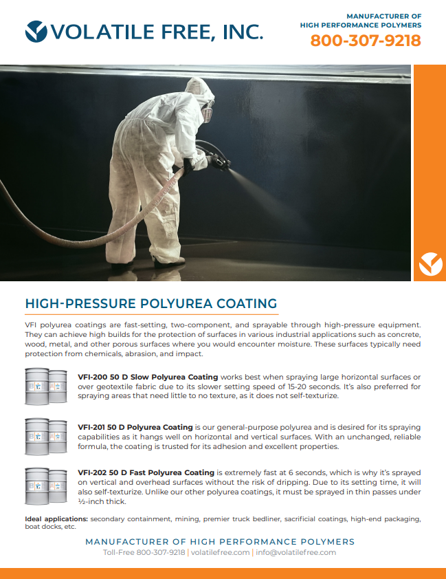 VolatileFreeInc's tweet photo. Polyureas protect a variety of surfaces, including concrete, metal, &amp; masonry, from abrasion, impact, or chemicals. VFI offers a full line of these coatings with different processing speeds for all your project needs. View the family sheet for more info, &amp; contact us with any Qs. https://t.co/o1K2E0ld48