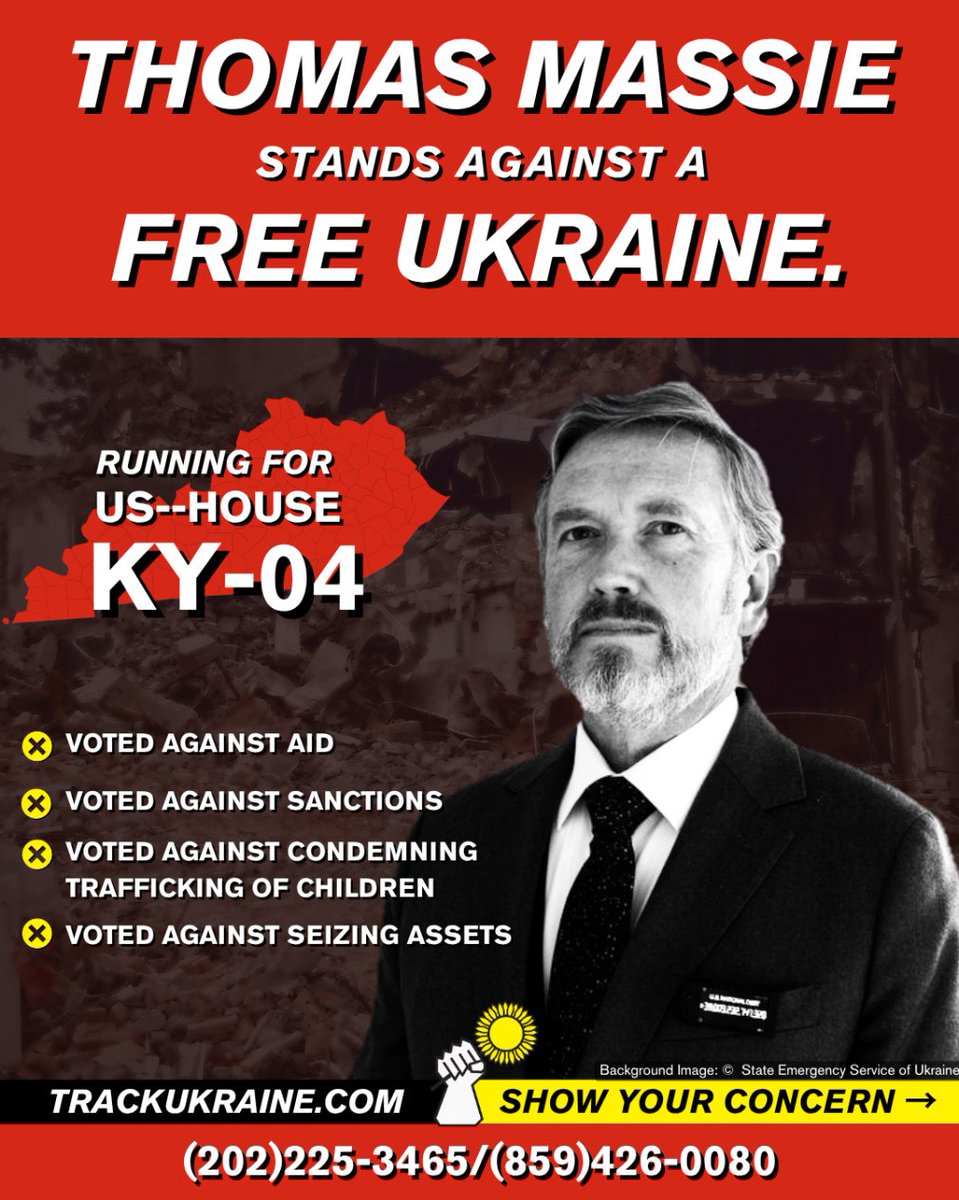 TrackUkraine's tweet photo. Congressman @RepThomasMassie is firmly against supporting Ukraine. He voted against investigating Russian war crimes since it meant working with the ICC. He voted against every aid bill, and lend lease in 2022. Massie even voted against condemning trafficking Ukrainian children. https://t.co/4Ef7eLPxPH