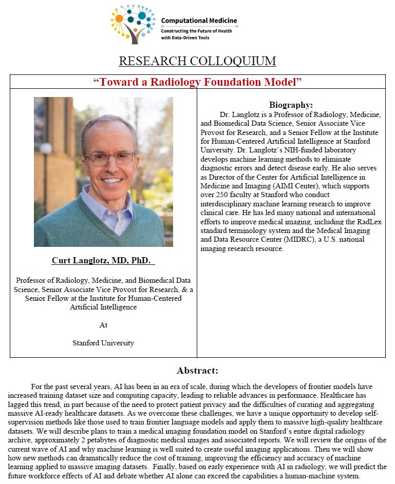 StanfordCompMed's tweet photo. "Toward a Radiology Foundation Model" 
Curt Langlotz, MD, PhD. 
Thursday, May 14th, 2026 
12:00 to 1:00 pm PST 
Live Stream: https://t.co/qH3qdU4BvY
Webinar ID: 978 8759 6012 
Webinar Passcode: 420642 https://t.co/zG6055k1IY