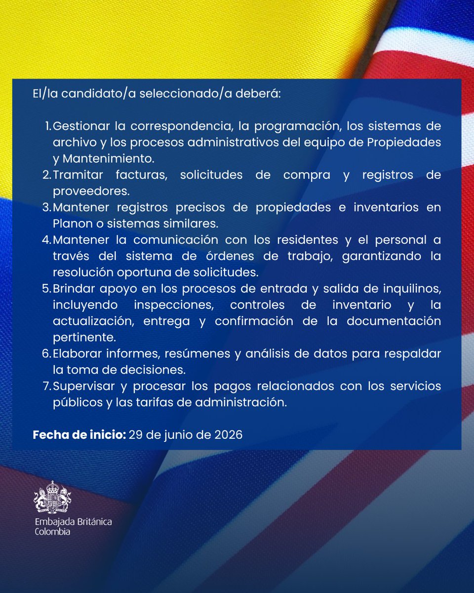 UKinColombia's tweet photo. ¡#TrabajoSíHay! Buscamos un/a Asistente Administrativo/a para nuestra sección de Propiedades y Mantenimiento de la Embajada Británica en Bogotá. 🇬🇧🇨🇴

Conoce más y postúlate antes del 14 de mayo aquí 👉🏽 https://t.co/iaqWlpOdLB https://t.co/PQGNPtilvp