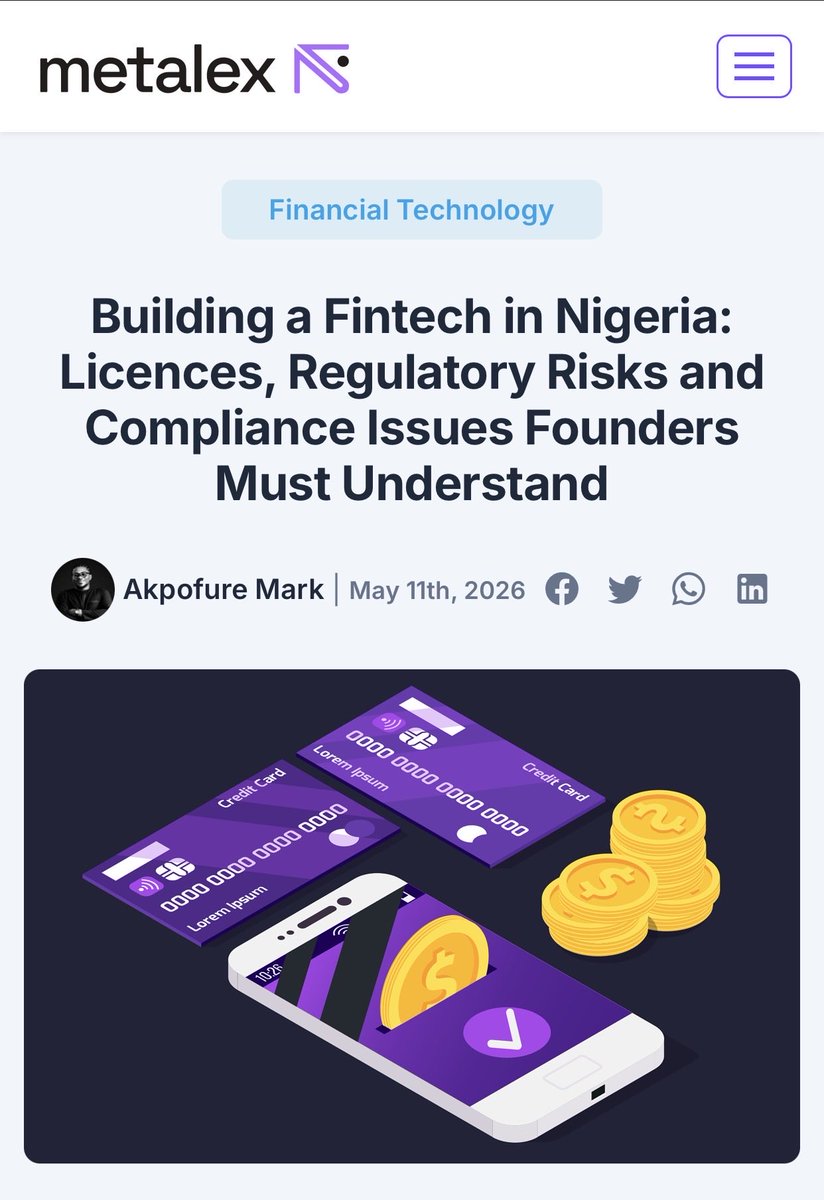 akpofuremarcus's tweet photo. Many startups unknowingly enter regulated financial territory long before they consider themselves “fintech companies.”

In today’s digital economy, a simple feature like:

▪️Wallet functionality
▪️Payment processing
▪️Virtual accounts
▪️Transfers
▪️ Embedded finance

may attract regulatory, compliance, and operational implications many founders do not initially anticipate.

Our latest publication explores:

▪️Fintech licensing realities in Nigeria
▪️API integrations and embedded finance
▪️CBN-related considerations
▪️Compliance risks startups often overlook
▪️Why some businesses may not need full licences initially
▪️The legal and operational issues founders should understand before integrating financial features into their platforms

As technology and finance continue to intersect, innovation must be matched with structure, governance, and regulatory awareness.

An insightful read for: founders, fintech startups, product builders, developers, corporate professionals, and businesses integrating financial technology into their operations.

Read Here: https://t.co/kXYkdVqrmo 

#Fintech #StartupLaw #TechnologyLaw #CBN #EmbeddedFinance #APIIntegration #CorporateLaw #Compliance #LegalTech #MetalexLegal