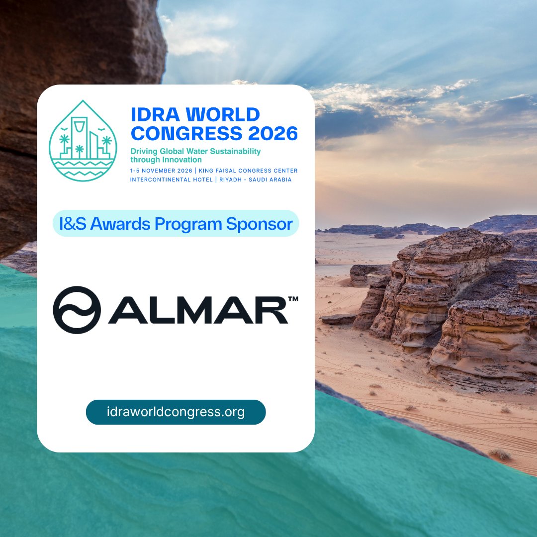 IDRAWCongress's tweet photo. We are proud to welcome @AlmarWater as an Industry &amp; Sustainability Awards Program Sponsor of the #IDRAWorldCongress2026, taking place November 1–5, 2026, in Riyadh, Saudi Arabia. https://t.co/qDZZn0LPrF