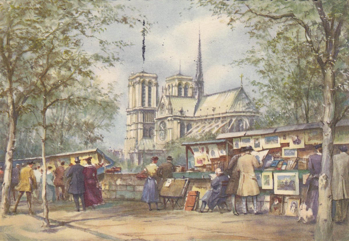 MarjeMolder's tweet photo. Today's #PostMarkMonday is on a #vintage Belgian #PostCard of a water colour print showing #NotreDame #Cathedral of #Paris with art sellers along the Seine Riverbank. It was posted from Paris 74 years ago in 1952. #cancel #deltiology #philately #PostMarks #ephemera #ArtPrints https://t.co/q61GypYvSQ