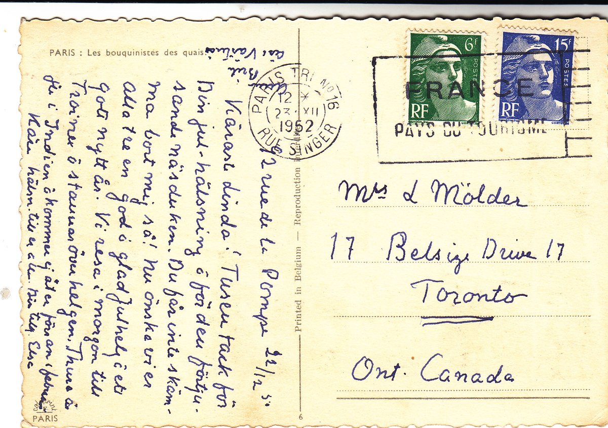 MarjeMolder's tweet photo. Today's #PostMarkMonday is on a #vintage Belgian #PostCard of a water colour print showing #NotreDame #Cathedral of #Paris with art sellers along the Seine Riverbank. It was posted from Paris 74 years ago in 1952. #cancel #deltiology #philately #PostMarks #ephemera #ArtPrints https://t.co/q61GypYvSQ