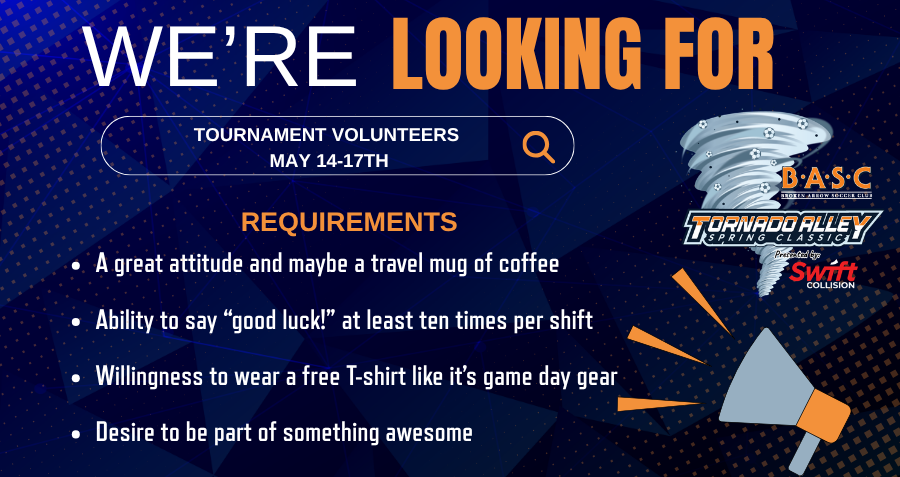 BASoccerClub's tweet photo. We still need Volunteers for the BASC Tornado Alley Spring Classic! 🌪️⚽

Join us May 14–17 and help make tournament weekend a success!

Sign up today:
https://t.co/3sZ6yfrVu6
Questions?
jdickerson@basoccer.club https://t.co/uyOjwu6UHy