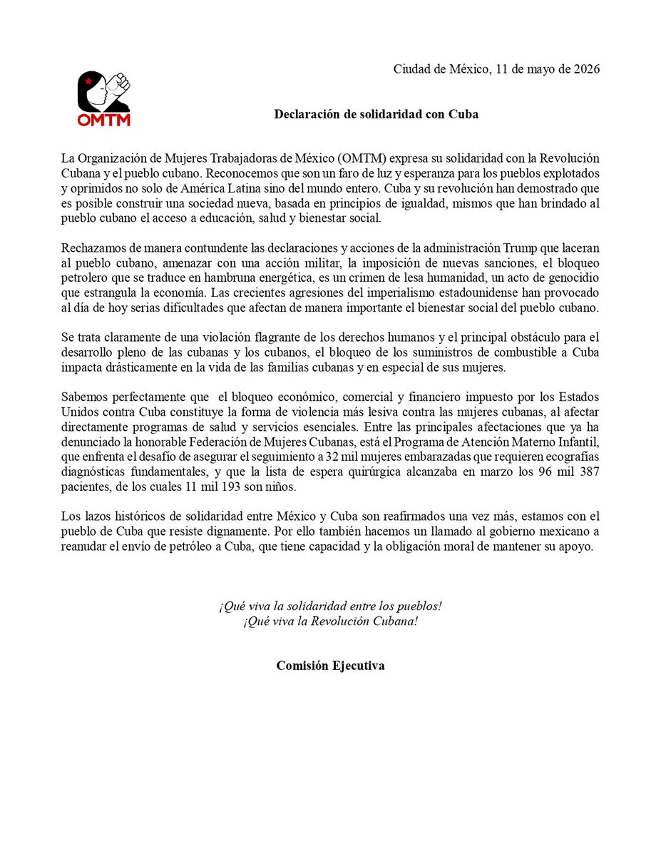 trabajadorasmx's tweet photo. Solidaridad con Cuba 

"El bloqueo económico impuesto por los EEUU contra Cuba constituye la forma de violencia más lesiva contra las mujeres cubanas, al afectar directamente programas de salud y servicios esenciales como ya lo ha denunciado la Federación de Mujeres Cubanas..." https://t.co/qywfa568fD