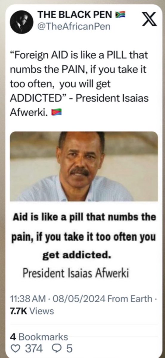 Fre4glsTsegay's tweet photo. @Its_ereko A visionary leader Eritrea President Isaias Afwerki said it. Proud leader proud Nation 🇪🇷 #EritreaShinesAt35 #PIAprincipledLeader @TheAfricanPen @The_EastAfrican @AfricaFirsts @AfricaFactsZone @DavidHundeyin @east_facts @thenation @africa_amani @BBCNews @business @eu_eeas https://t.co/SAePxWqcDK