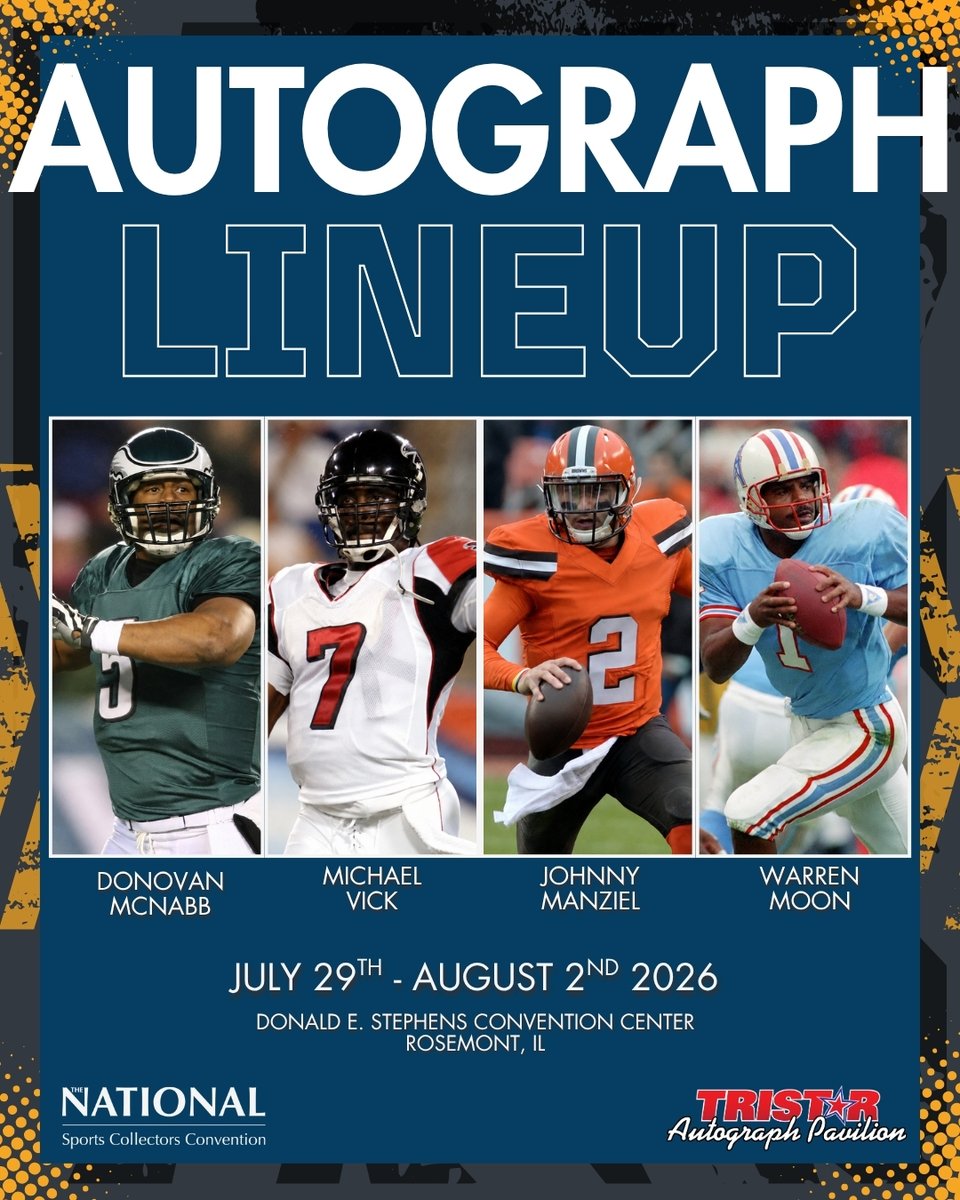 nsccshow's tweet photo. This lineup brings back memories for every sports fan

The most iconic players across sports and time come together for the hobby’s biggest week this summer at the National

Tickets for autograph sessions are on sale now, we’ll see you July 29-August 2 in Rosemont, IL 🎟️

#TheNational2026 #SportsCollectors #CardCollector #whodyoucollect #thehobby #sportscards #nscc26 #thenational #the46thnational #chicagonational #itscooltocollect #nsccroadtothenational