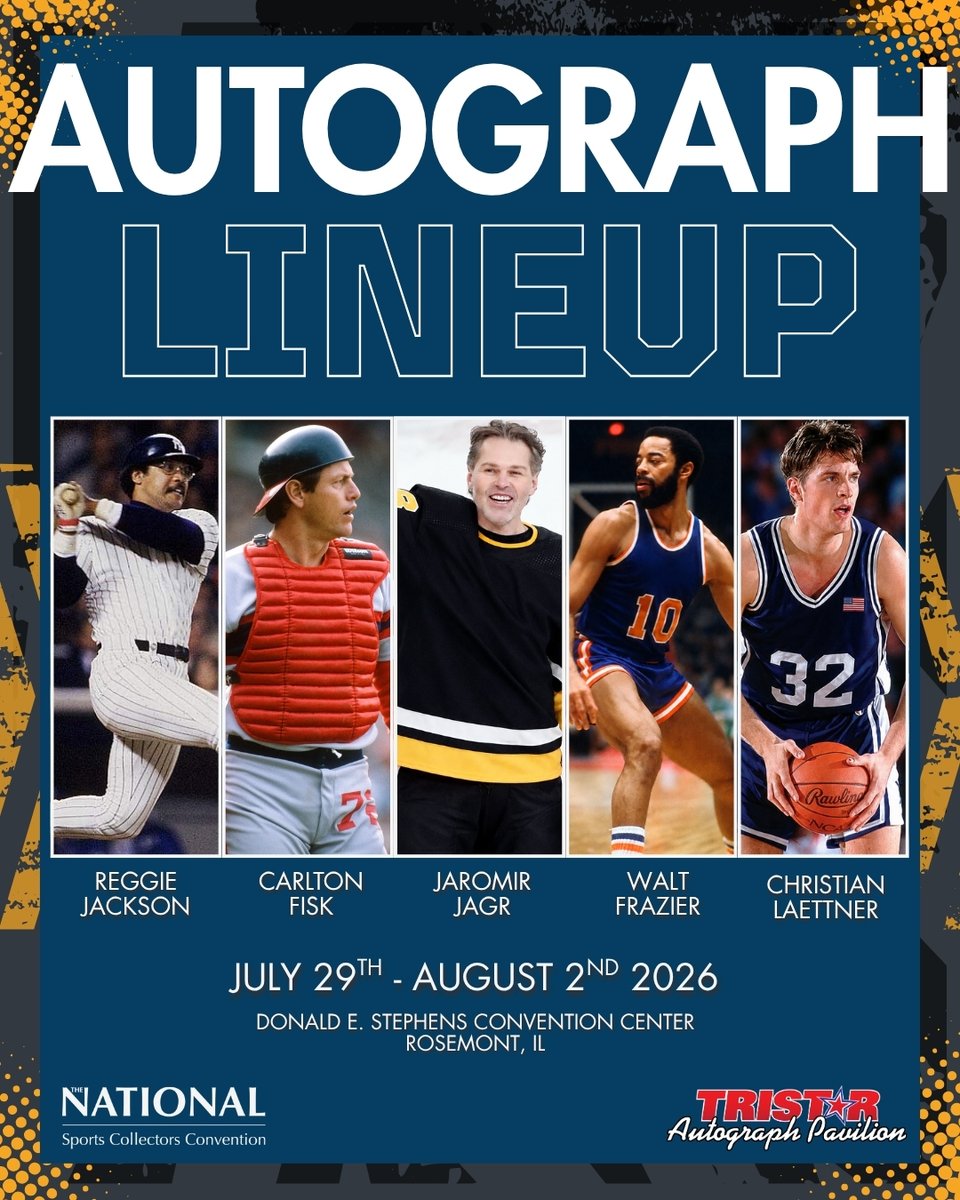 nsccshow's tweet photo. This lineup brings back memories for every sports fan

The most iconic players across sports and time come together for the hobby’s biggest week this summer at the National

Tickets for autograph sessions are on sale now, we’ll see you July 29-August 2 in Rosemont, IL 🎟️

#TheNational2026 #SportsCollectors #CardCollector #whodyoucollect #thehobby #sportscards #nscc26 #thenational #the46thnational #chicagonational #itscooltocollect #nsccroadtothenational
