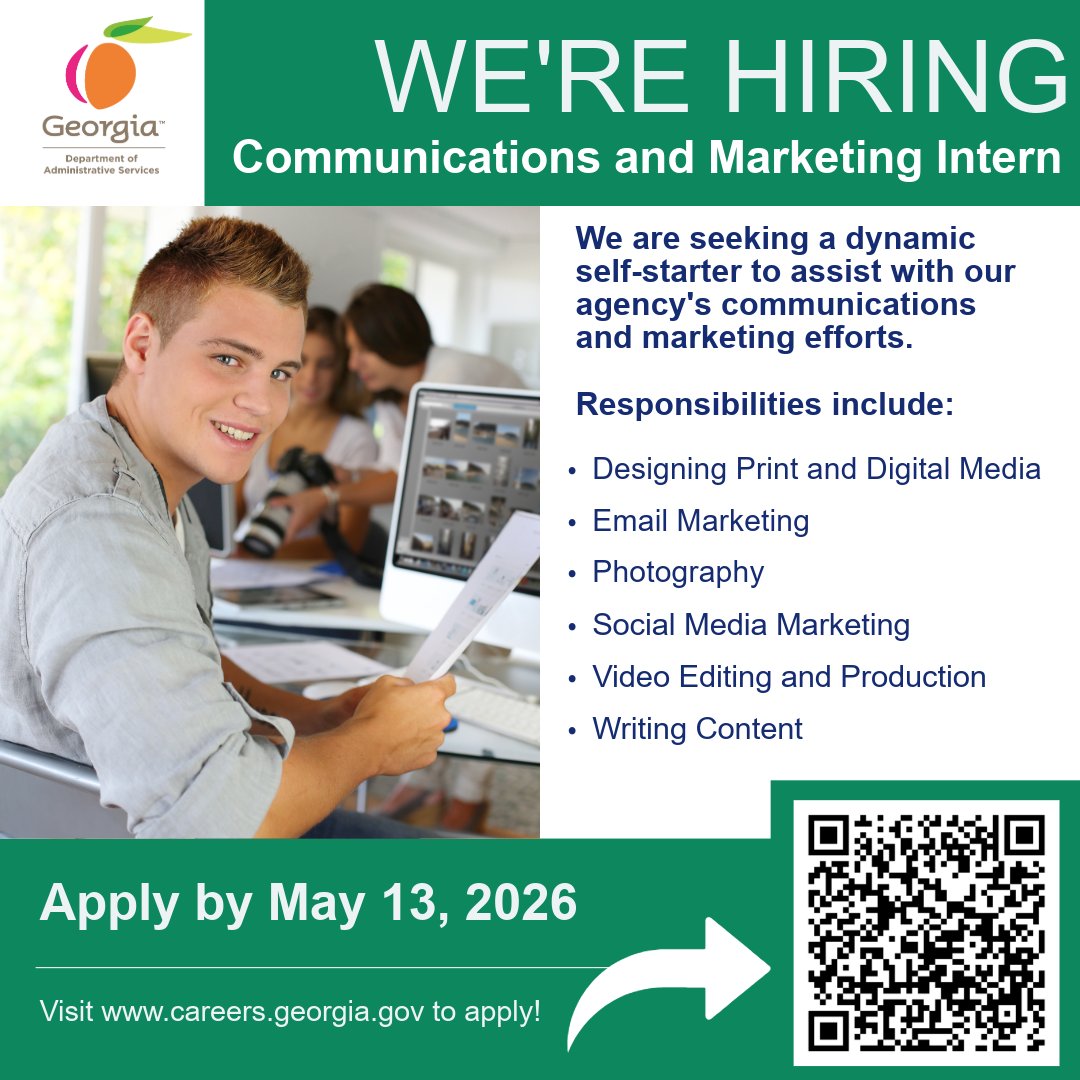 GeorgiaDOAS's tweet photo. Deadline approaching! Our application for the Communications and Marketing Internship position closes soon. Gain hands-on experience in state government, and grow your skills visit https://t.co/wGeSJ0fQnM  to apply by May 13! https://t.co/SmCfSNzgxp