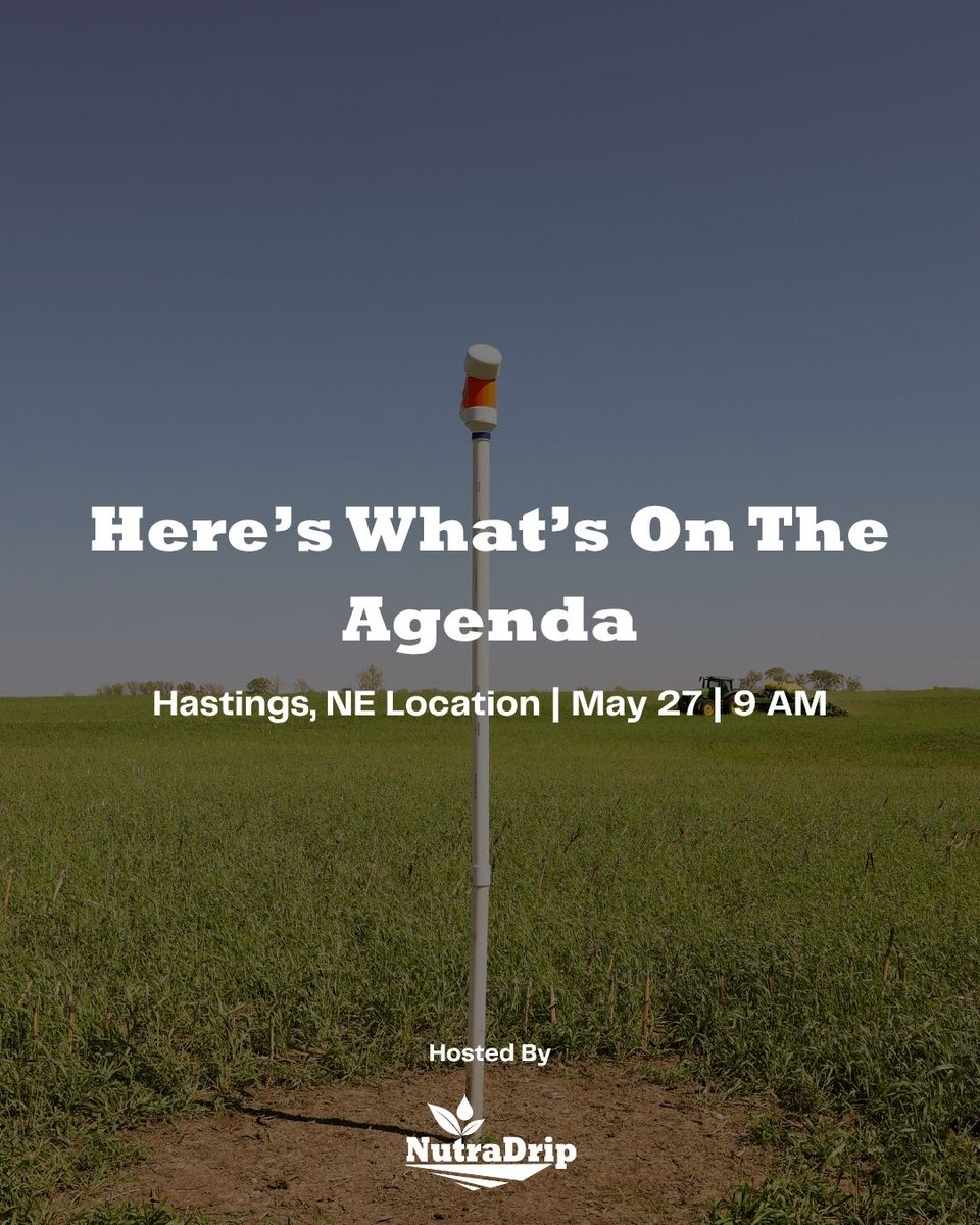 NutraDrip's tweet photo. One week out 🌾
Here's what we're covering at our free grower workshop May 27 in Hastings, NE:
✔ Soil moisture probe options ✔ Real-time data interpretation ✔ Irrigation scheduling ✔ Telemetry systems ✔ Early-season sap sample update

📍 1601 E South St, Hastings NE | 🕗 9:00–10:30 AM | ✅ Free
Register now 👇
https://t.co/w8TfSHuv2R

#NebraskaAg #SoilMoisture #DripIrrigation #AgTech #NutraDrip