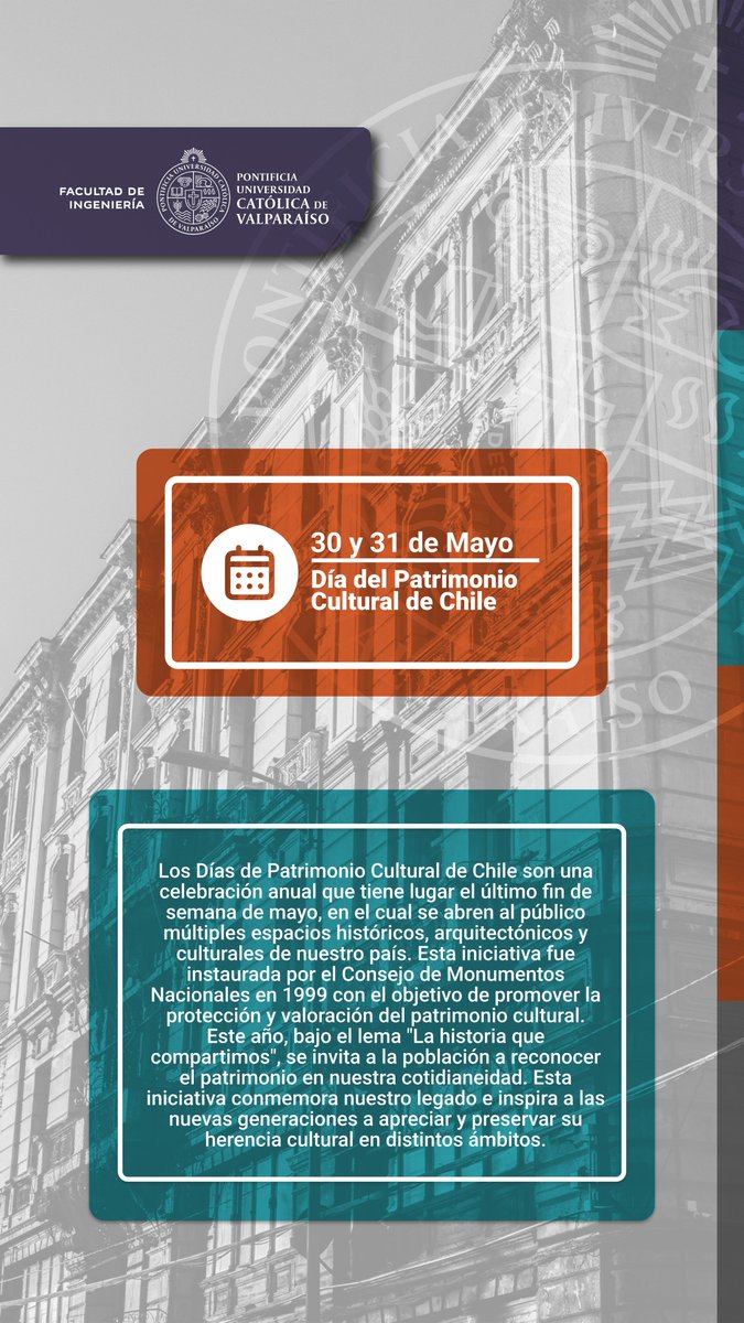 INGENIERIAPUCV's tweet photo. 📣EFEMÉRIDES | ¡Celebra el Día del Patrimonio ! Este 30 y 31 de mayo, te invitamos a descubrir y disfrutar de la rica herencia cultural de nuestro país. 
#PUCV #Ingenieria #SerPUCV #DíaDelPatrimonio https://t.co/03i2LmfGCc