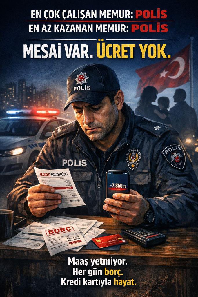 LionelHenry09's tweet photo. "Sorumluluk: En üst düzey ✅
Çalışma saati: Sınırsız ✅
Risk: Hayati ✅
Maaş: Beklentinin çok altında ❌
Diğer meslek gruplarıyla aradaki uçurum kapansın, polisin hakkı artık masada kalsın istemiyoruz. 👮‍♂️👮‍♀️

 #PoliseMaaşAdaleti https://t.co/Skx3LitAaD