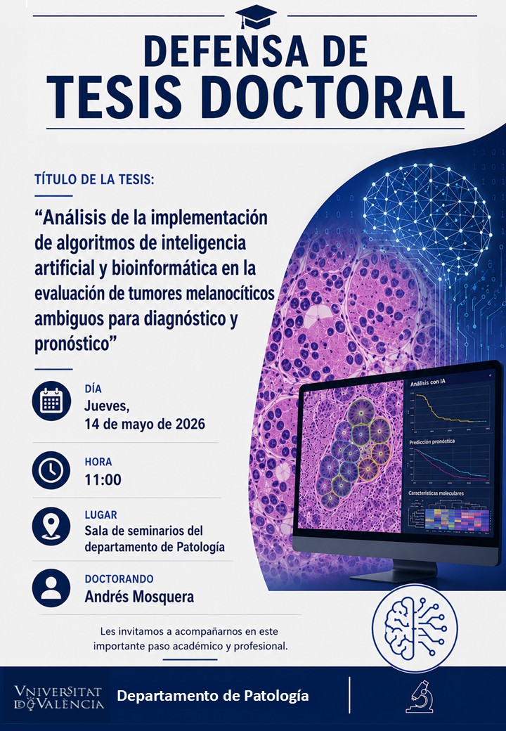 pathologyUV's tweet photo. Este jueves 14 de mayo a las 11:00, nuestro compañero y patólogo Andrés Mosquera defenderá su tesis doctoral. Tendrá lugar en la sala de seminarios del depto. de
@pathologyUV.  
Será un placer compartir este momento tan significativo https://t.co/Ffx17n9bYd